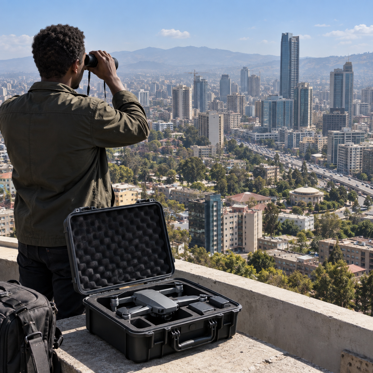 Civilian camera drone secured in a case overlooking Addis Ababa