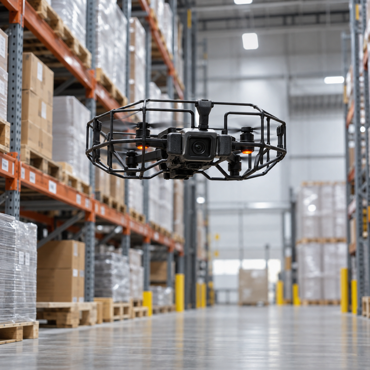 Autonomous inspection drone navigating a warehouse storage aisle