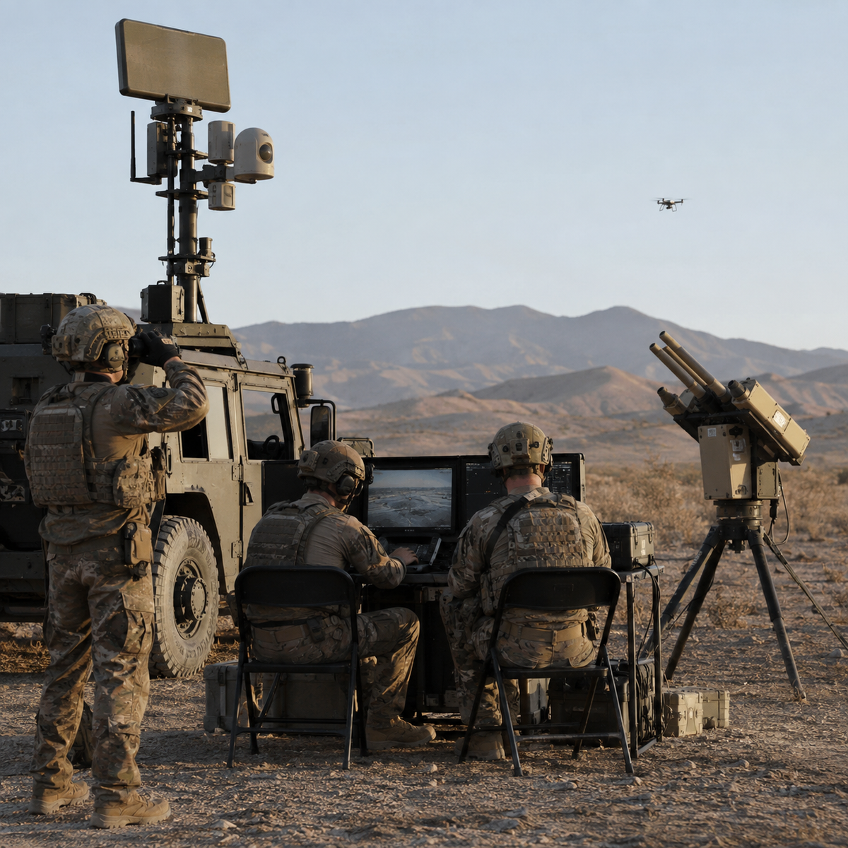 Mobile M-LIDS counter-UAS vehicle positioned at a desert training range with partner forces observing