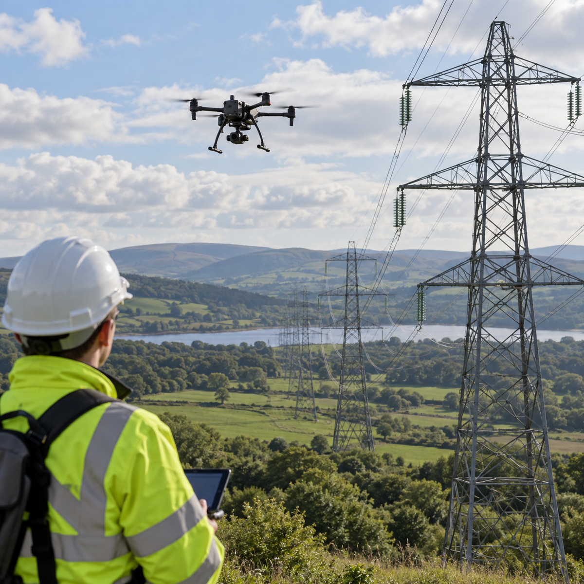 Inspection drone surveying high-voltage electricity infrastructure over a UK landscape