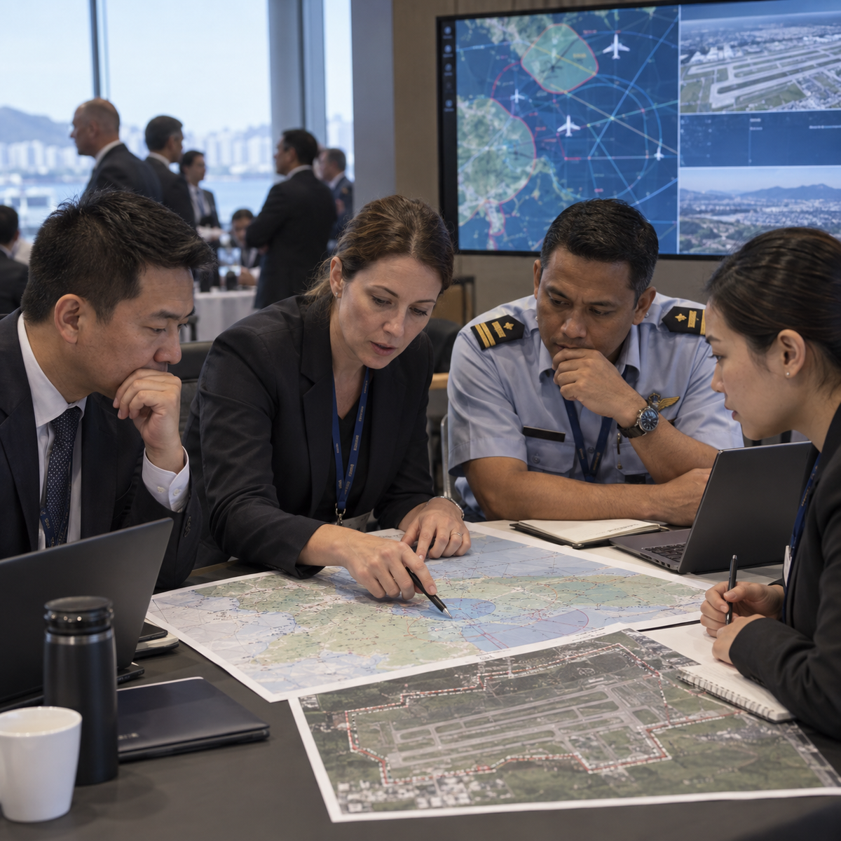 Aviation security specialists reviewing a low-altitude airspace map during an Indo-Pacific technology forum