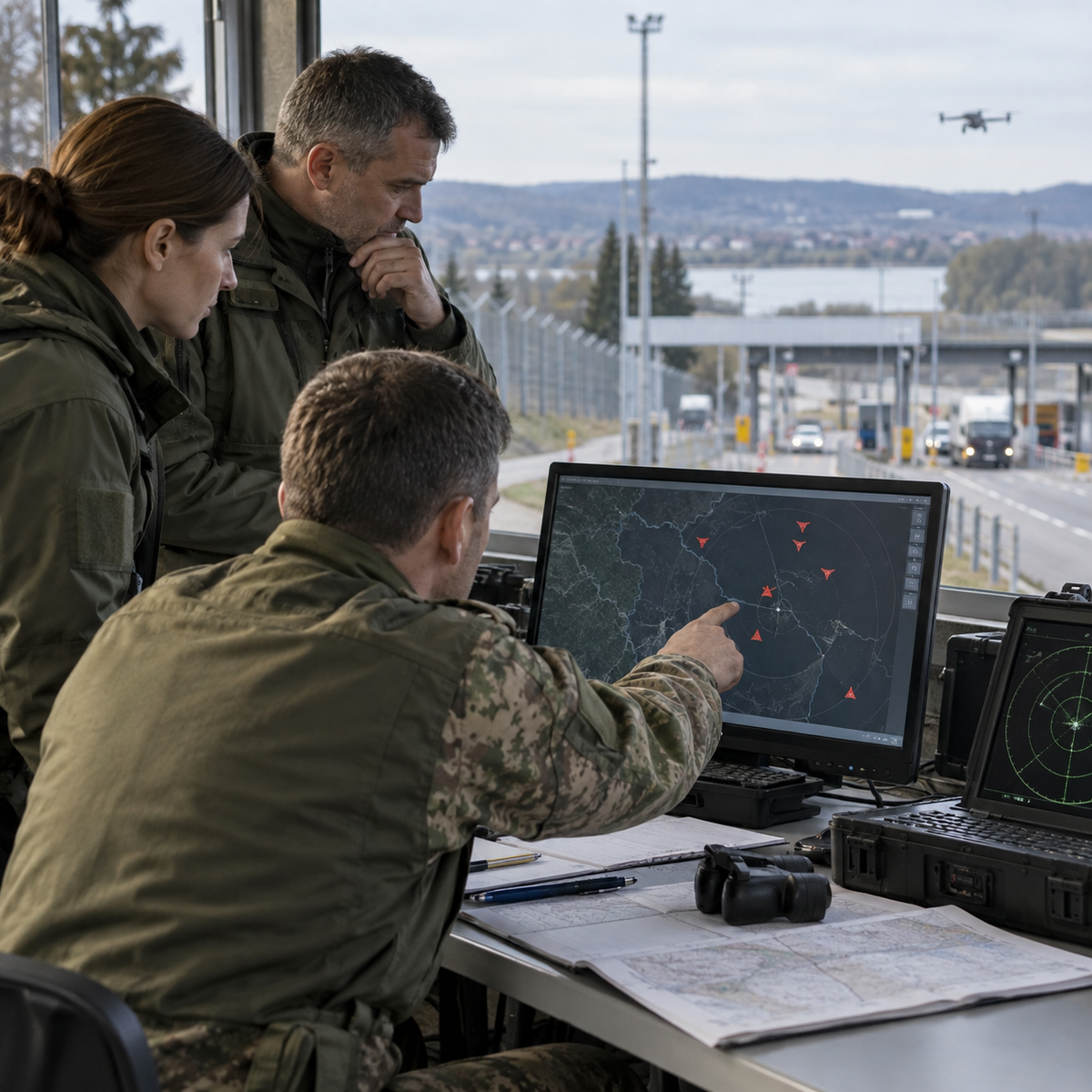 Air-defense analysts reviewing a low-altitude drone threat map near a European border crossing
