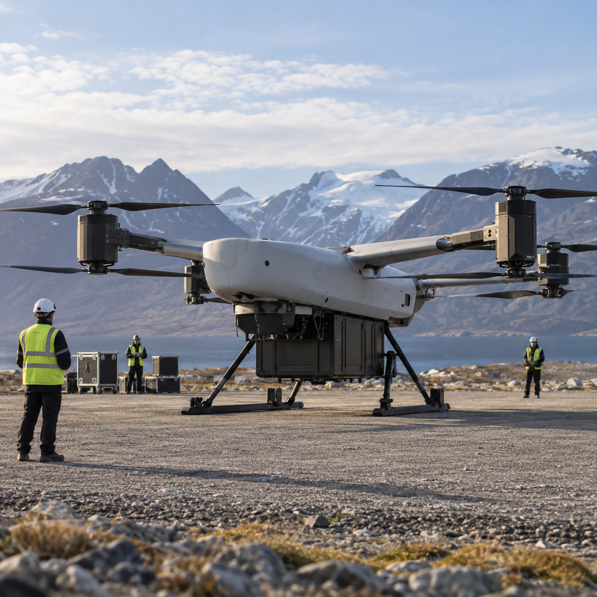 Heavy-lift hybrid-electric cargo drone being prepared for a commercial test flight