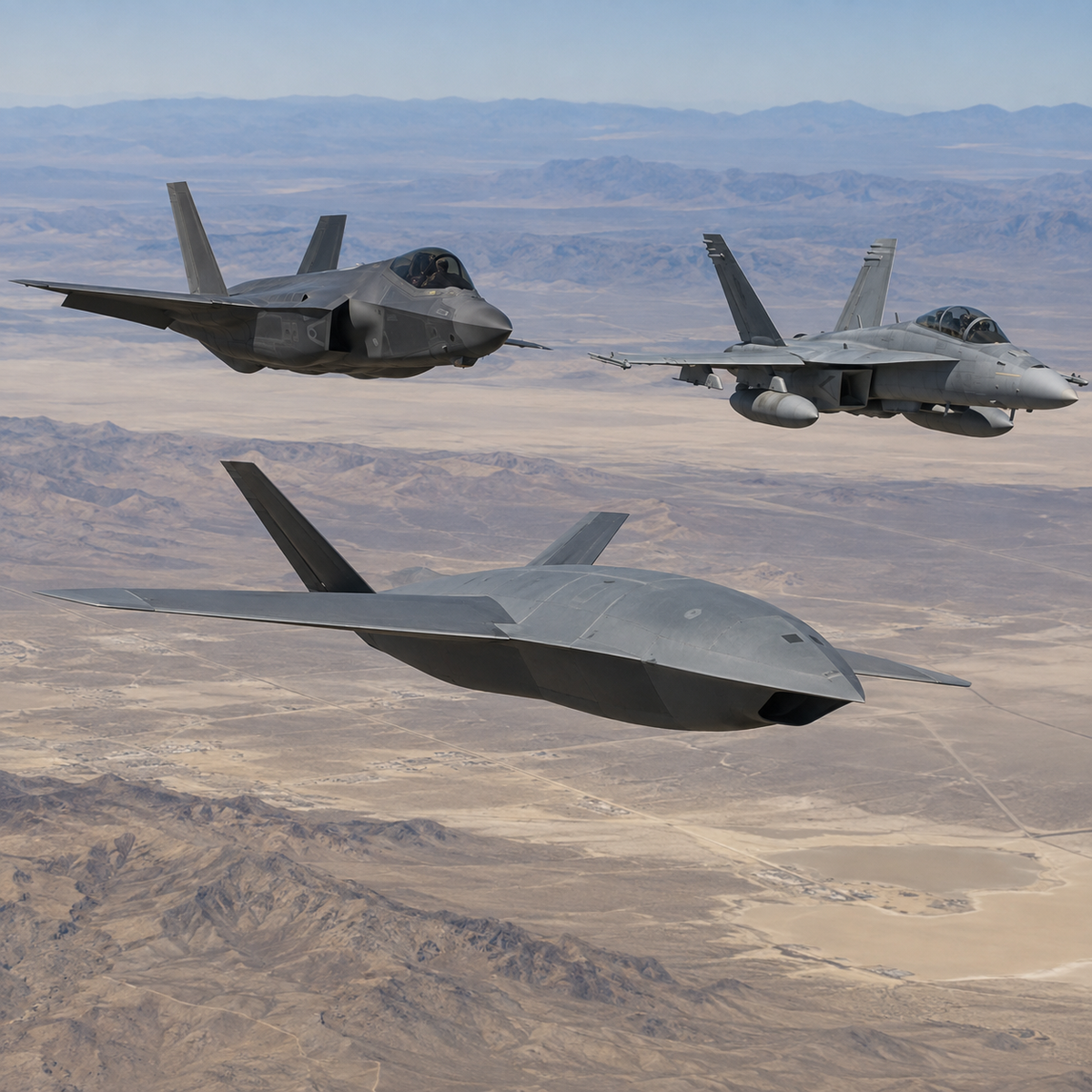 A collaborative combat aircraft drone flying in formation with two crewed fighter jets during a flight test