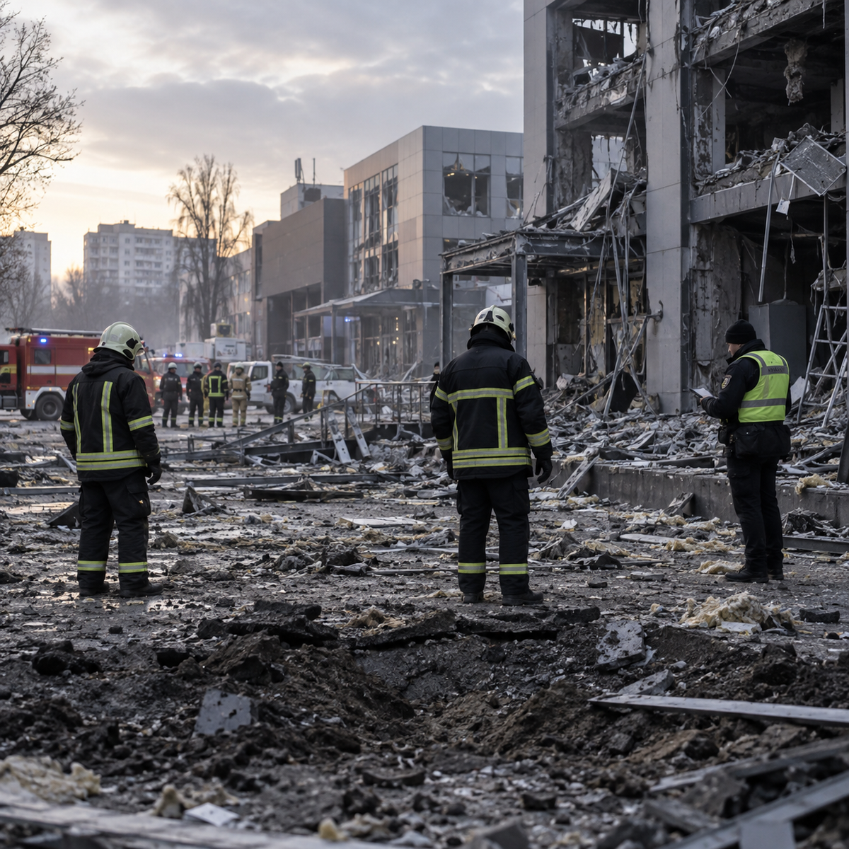 Ukrainian emergency crews assessing damage after an overnight drone raid near a city shopping district
