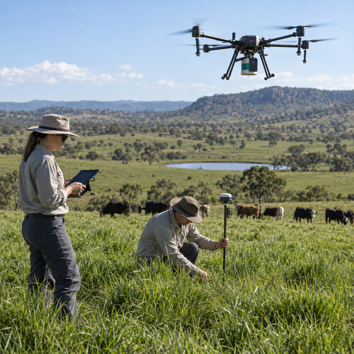 Researchers flying a LiDAR-equipped drone over a pasture while collecting agricultural measurements