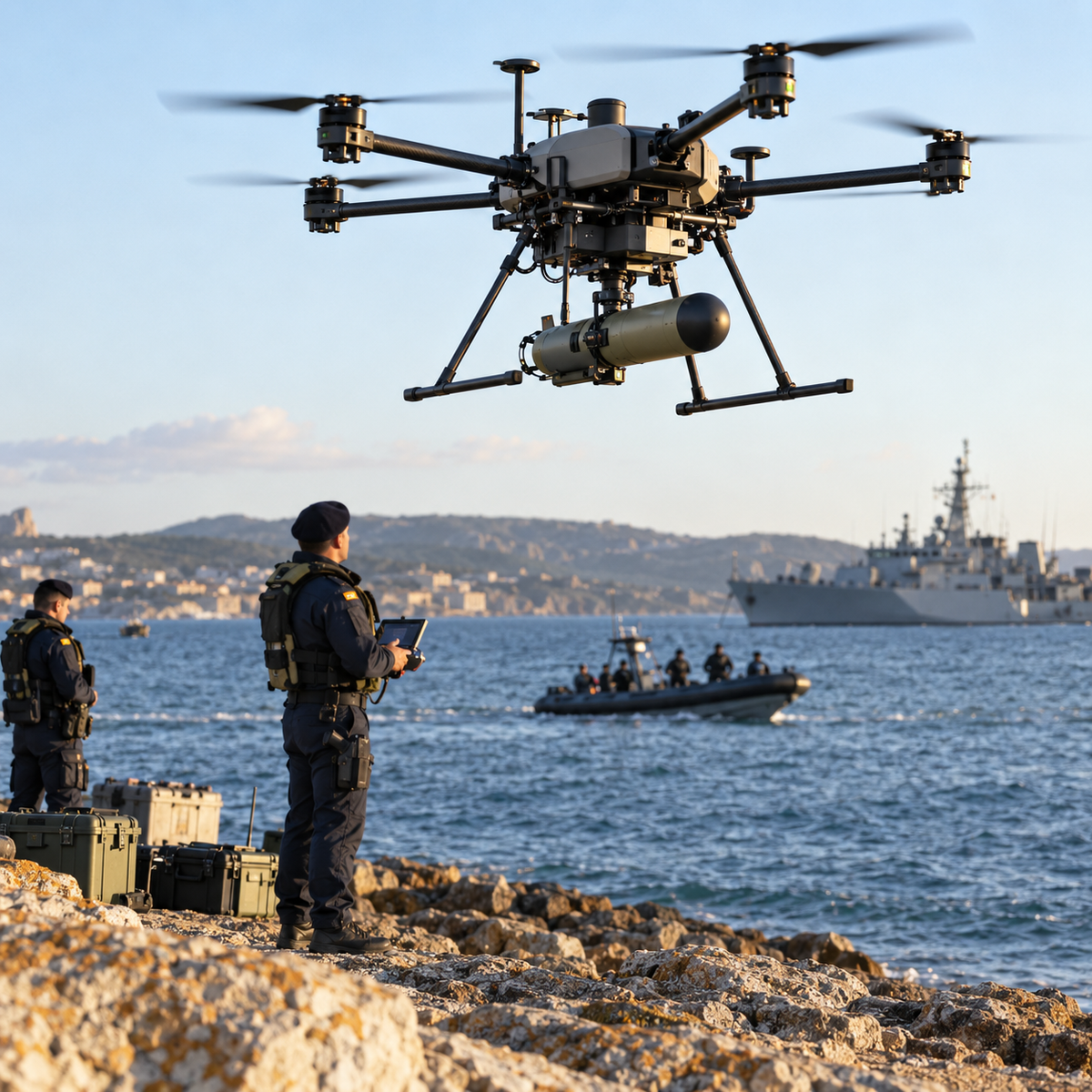 Hybrid electric drone carrying a maritime sensor near a Portuguese naval exercise area