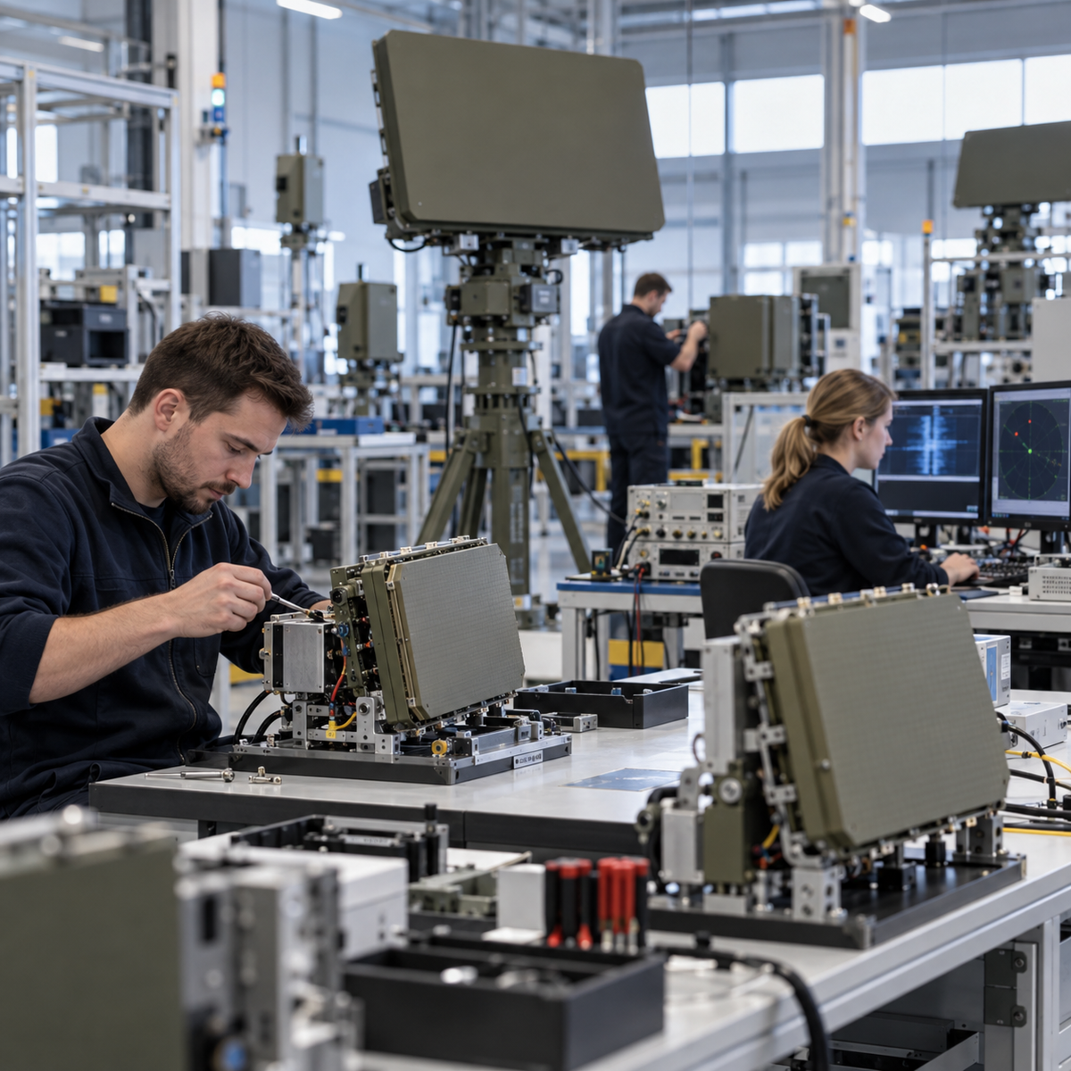 Counter-drone radar engineers working inside a modern European production facility