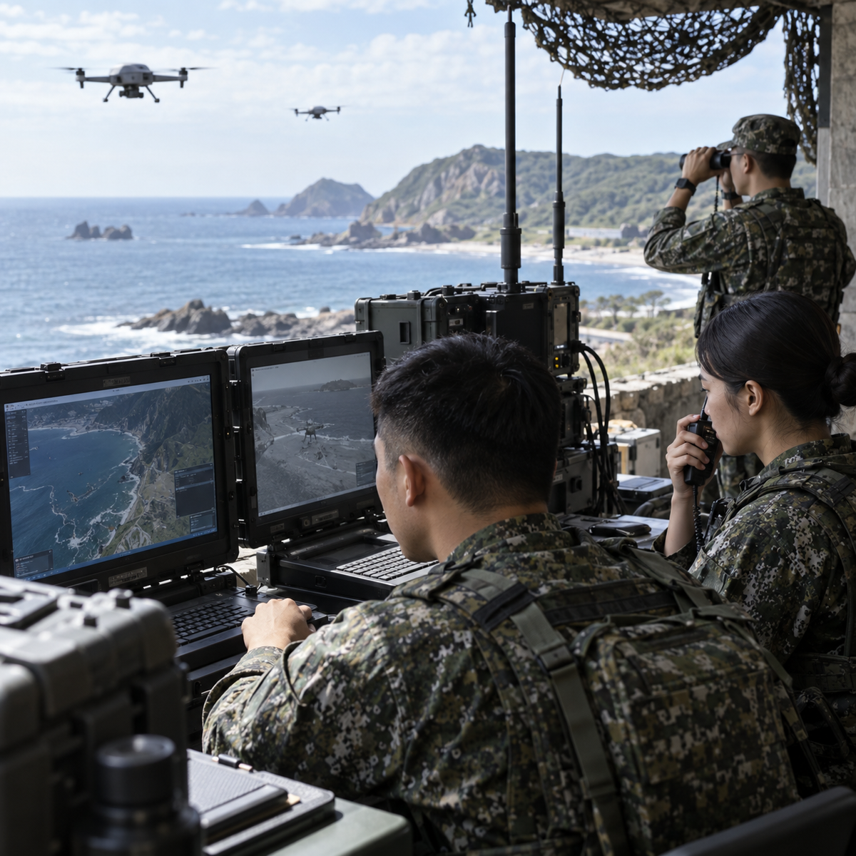 Unmanned aircraft operators coordinating a joint military exercise from a coastal command post in Taiwan