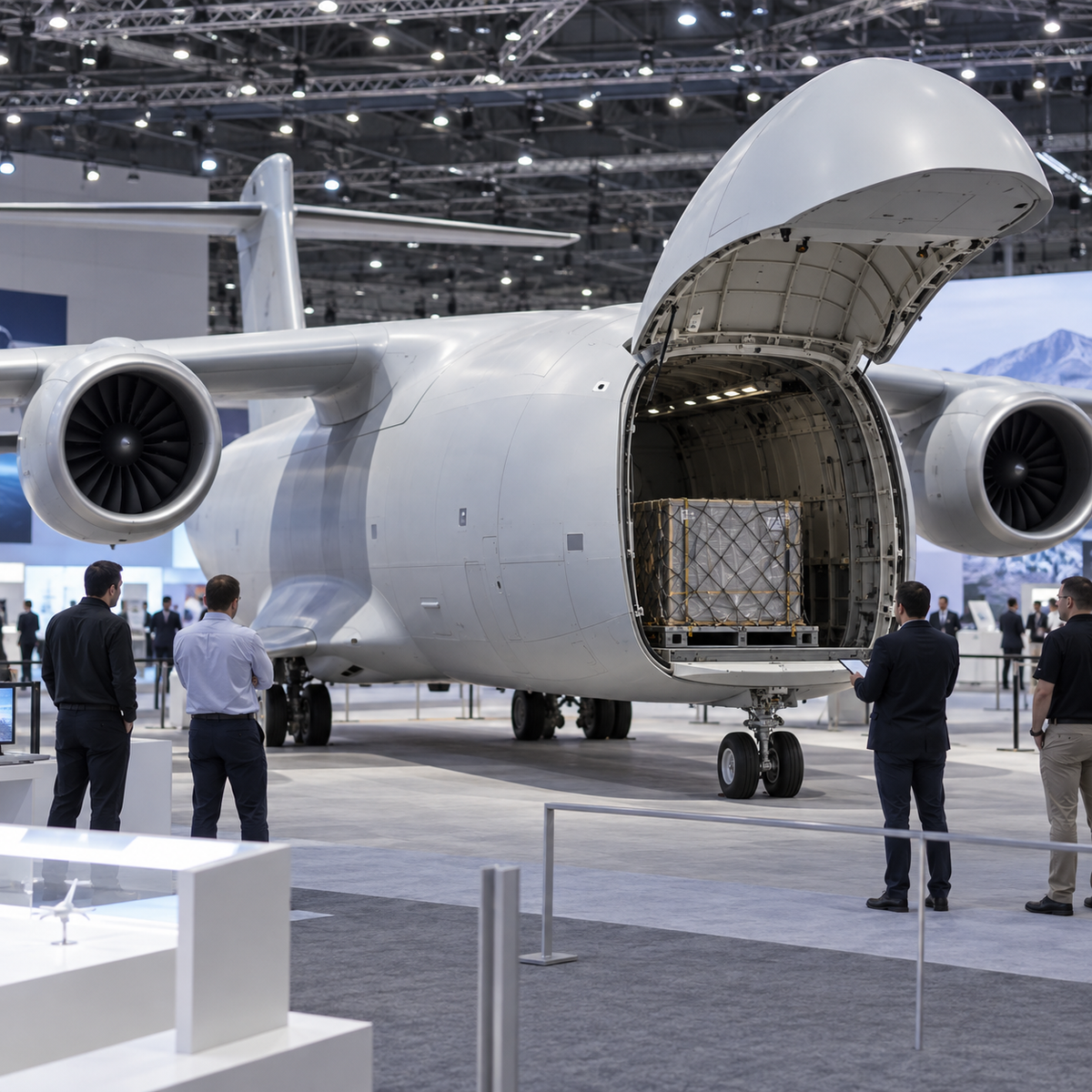 An uncrewed cargo aircraft concept with a forward cargo door displayed at an aviation technology exhibition