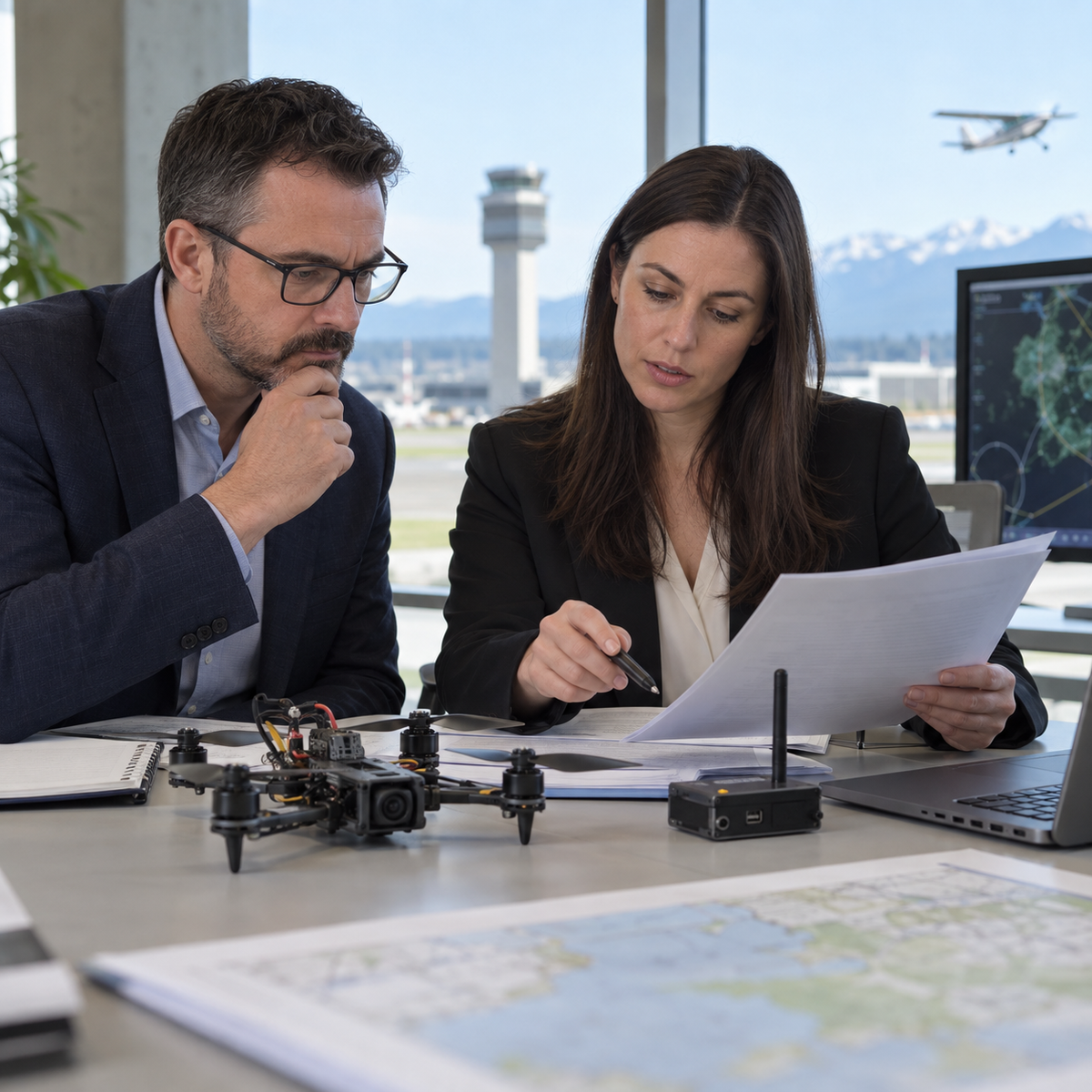 Canadian aviation officials reviewing proposed Remote ID requirements beside a small FPV drone and broadcast module