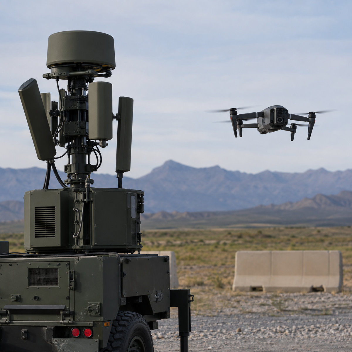 Small autonomous interceptor drone positioned beside a vehicle-mounted counter-UAS system