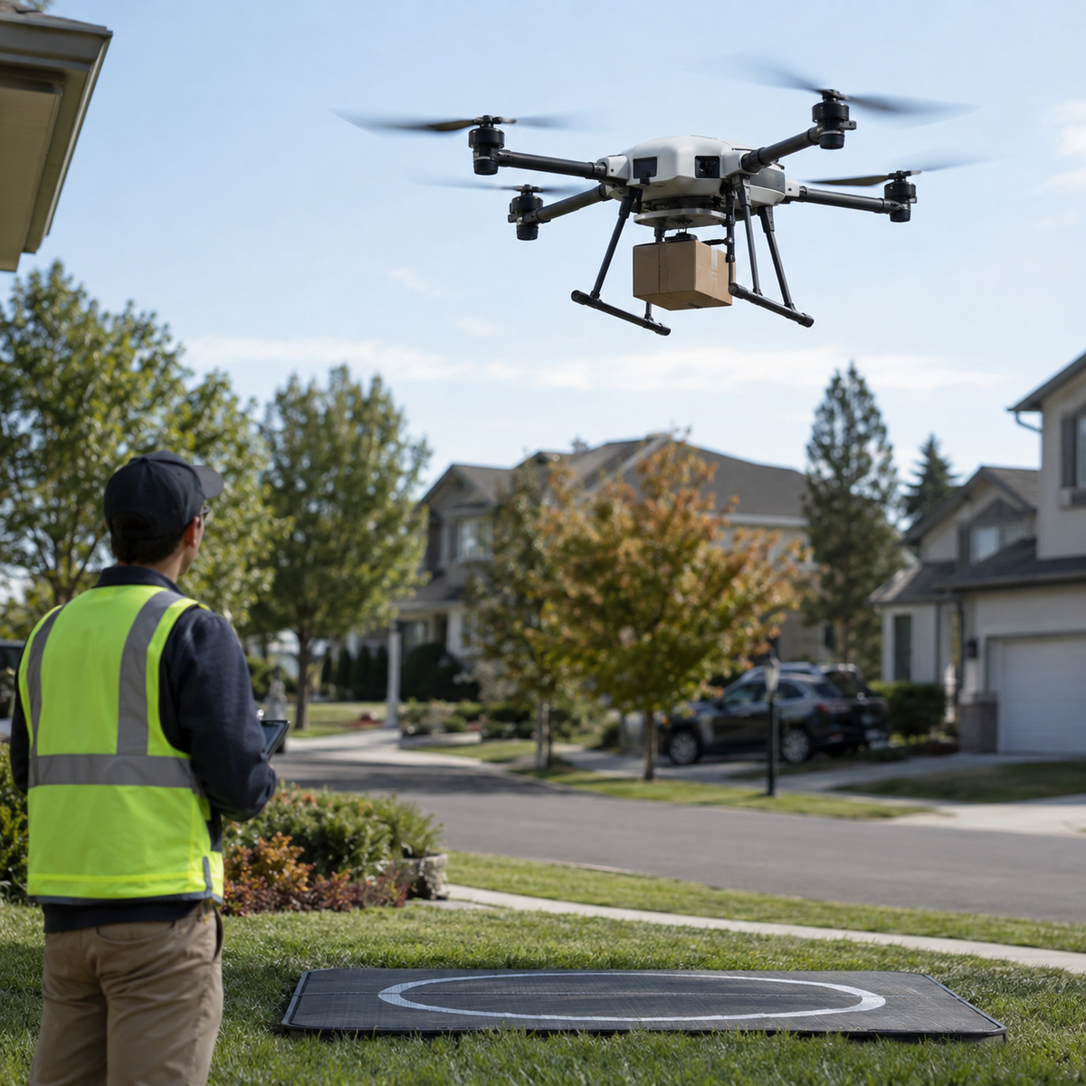Amazon-style delivery drone preparing to lift a small package from a neighborhood delivery site