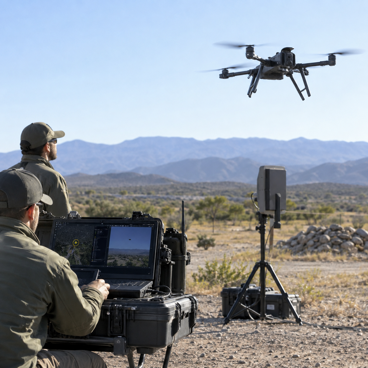 Compact counter-drone interceptor prototype being evaluated with a portable ground control kit