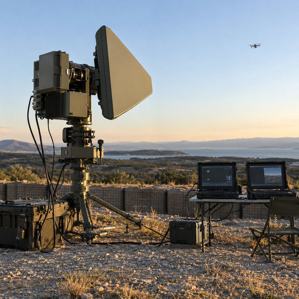 Directional electronic counter drone equipment on a secure outdoor test range