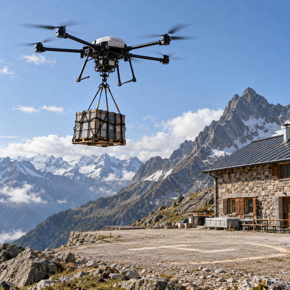 Cargo drone delivering supplies to a remote alpine mountain hut