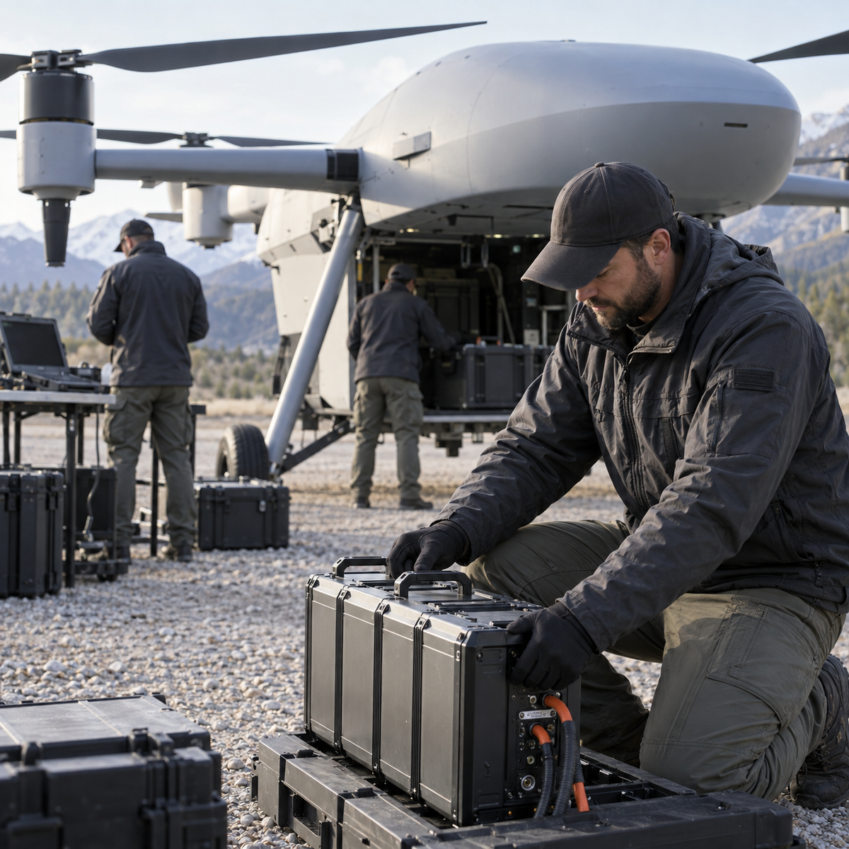 Engineers evaluating an autonomous drone flight controller during a GPS-denied navigation test
