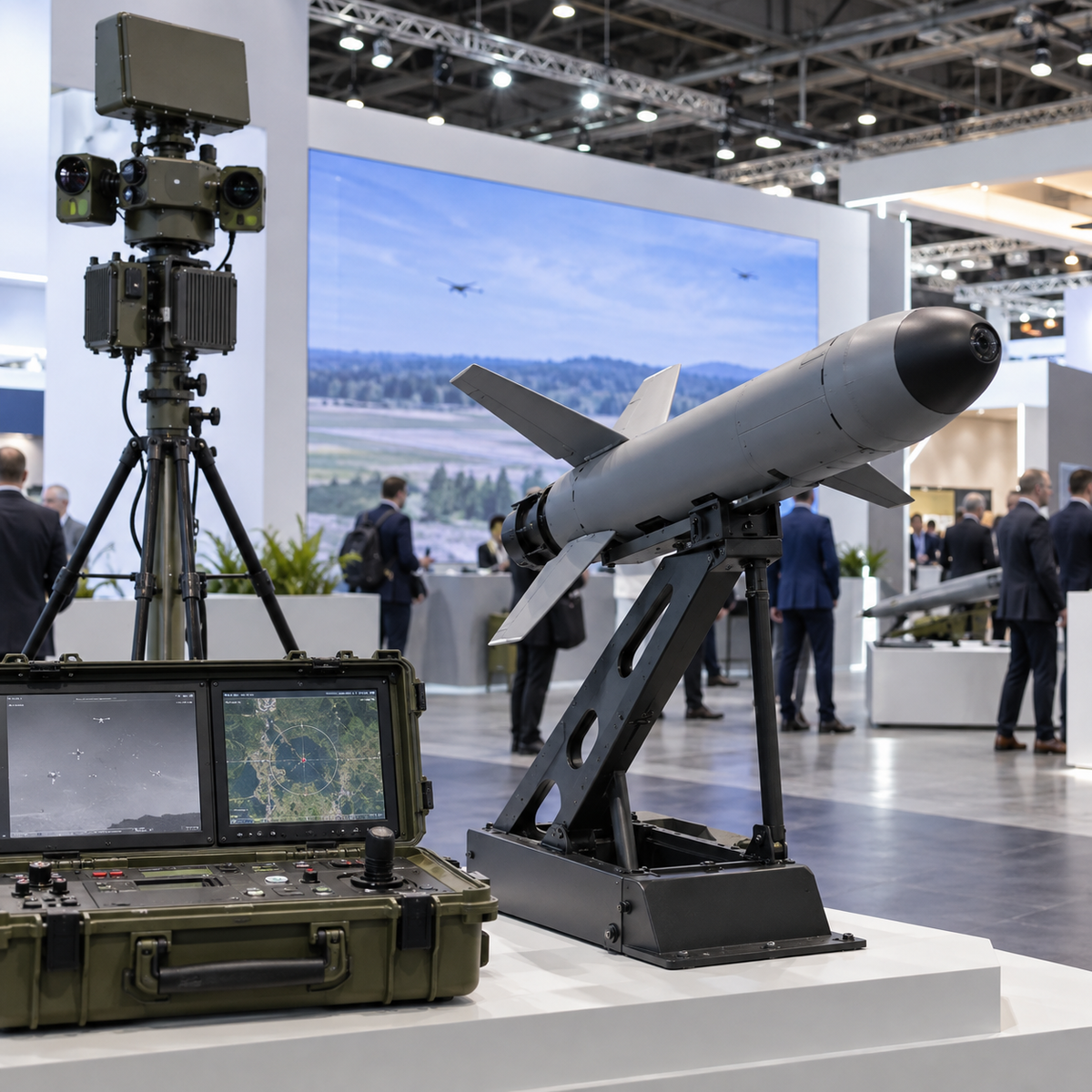 A compact autonomous counter-drone interceptor displayed beside a sensor and control station at a European technology fair