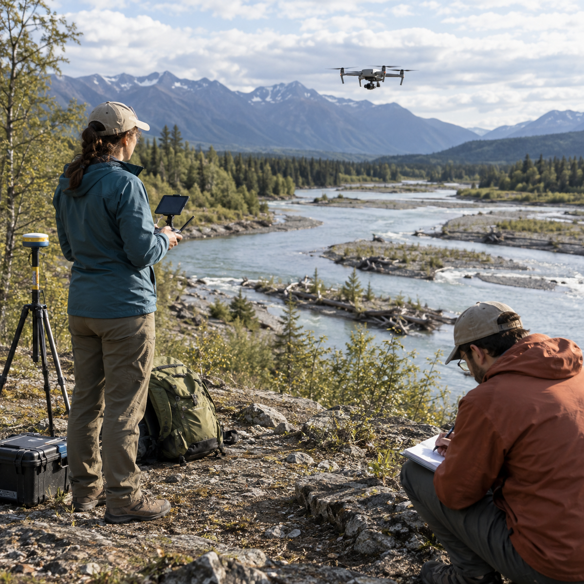 Researchers using a small UAS to map a changing river and surrounding habitat