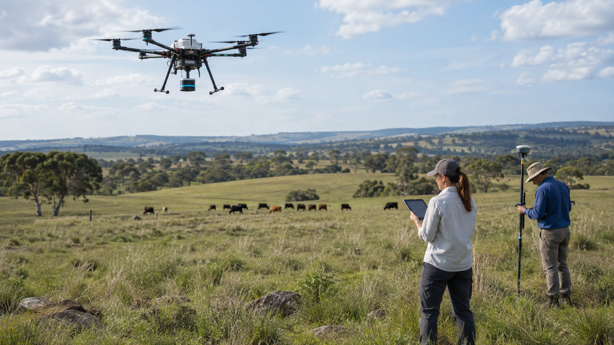 A heavy-lift drone battery pack being inspected beside a large cargo UAV before a field flight