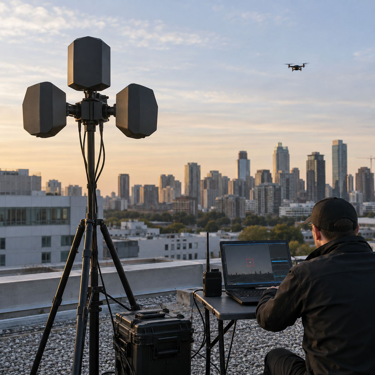 Acoustic drone detection sensor array connected to a counter-UAS command workstation
