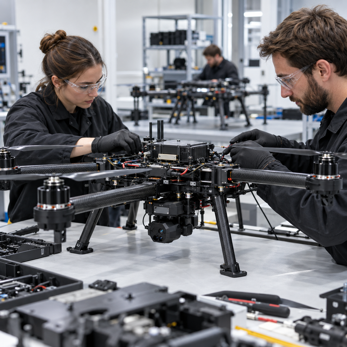 Engineers assembling a rugged commercial and defense drone platform in a production facility