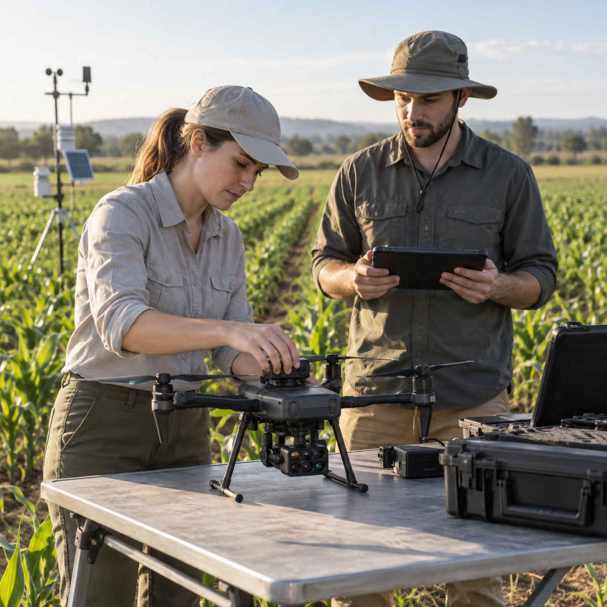 Agricultural researchers preparing a multispectral camera drone over a crop research field