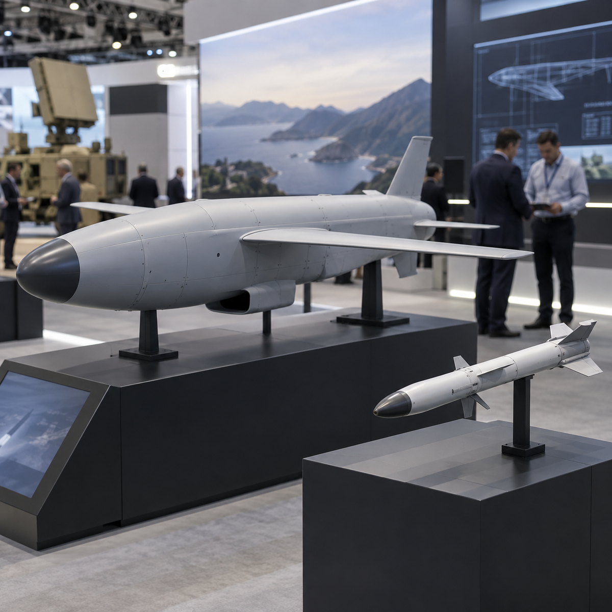 A defense technology display showing a low-cost cruise missile concept and a compact counter-drone interceptor