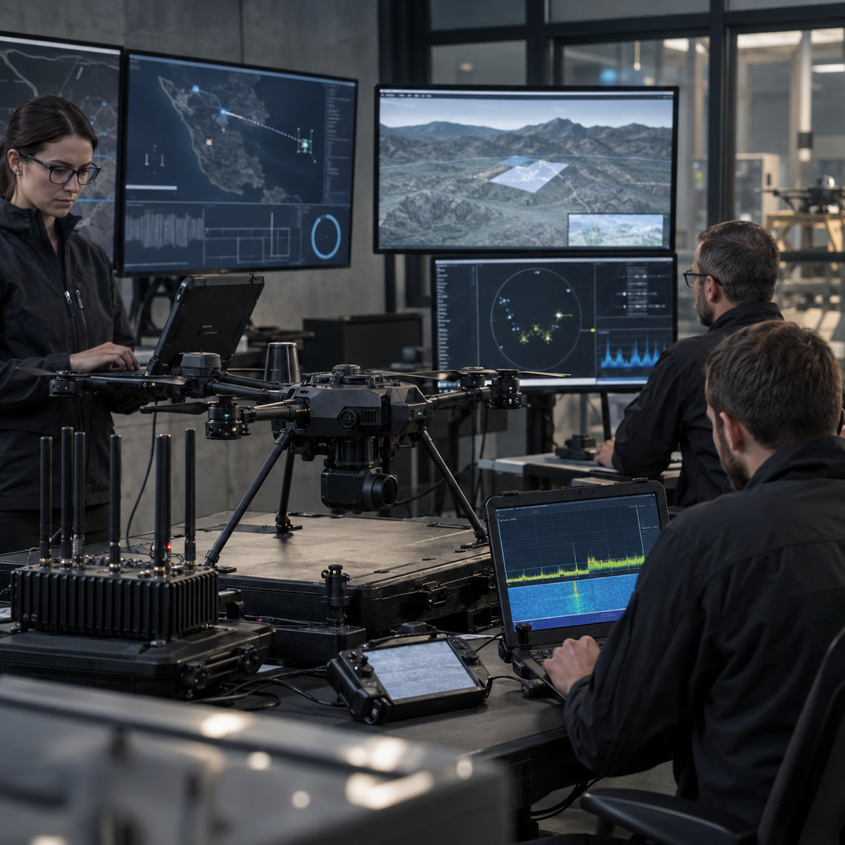 Defense engineers reviewing a layered drone navigation and counter-UAS system architecture