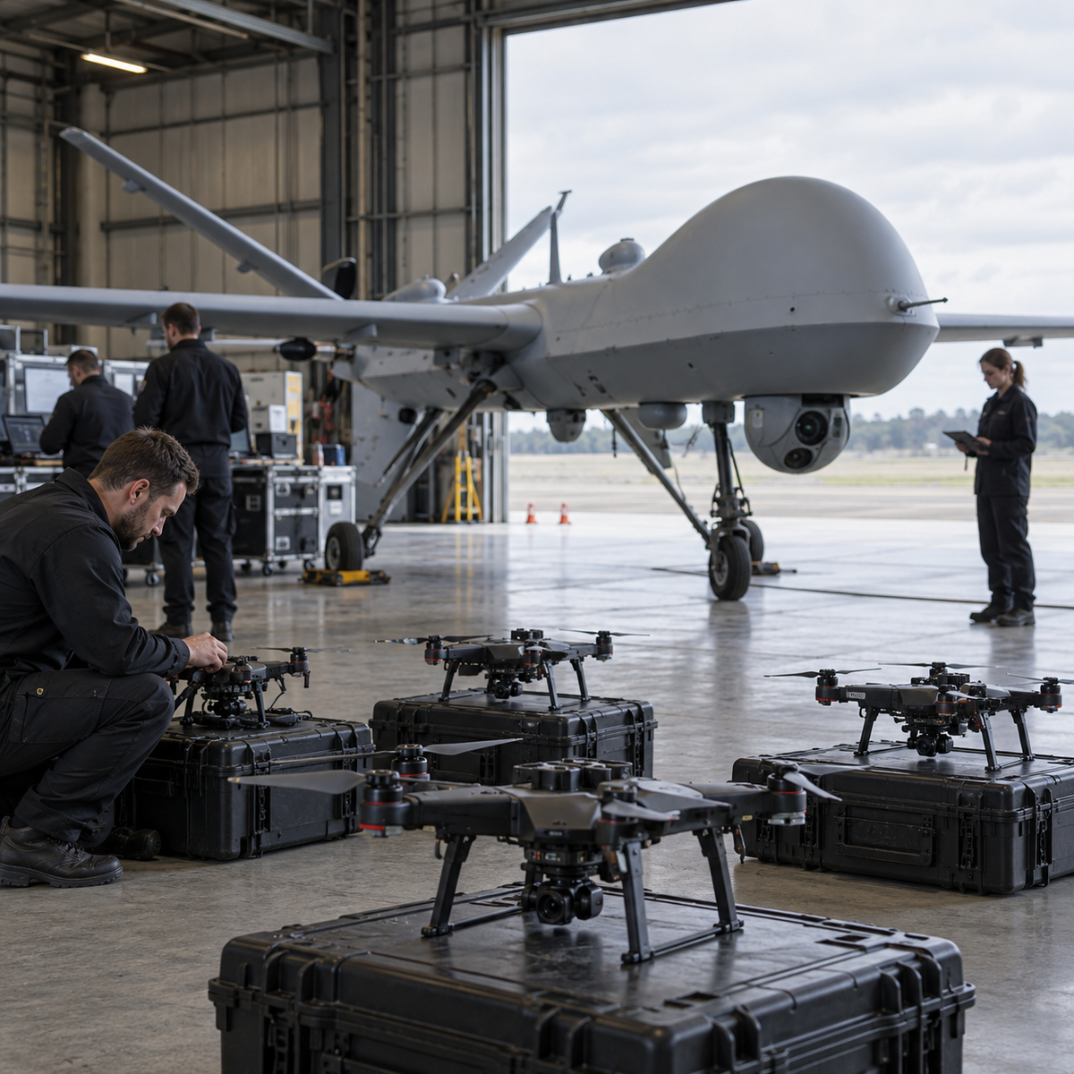 A long-endurance surveillance drone and smaller training quadcopters arranged at a British defense technology demonstration