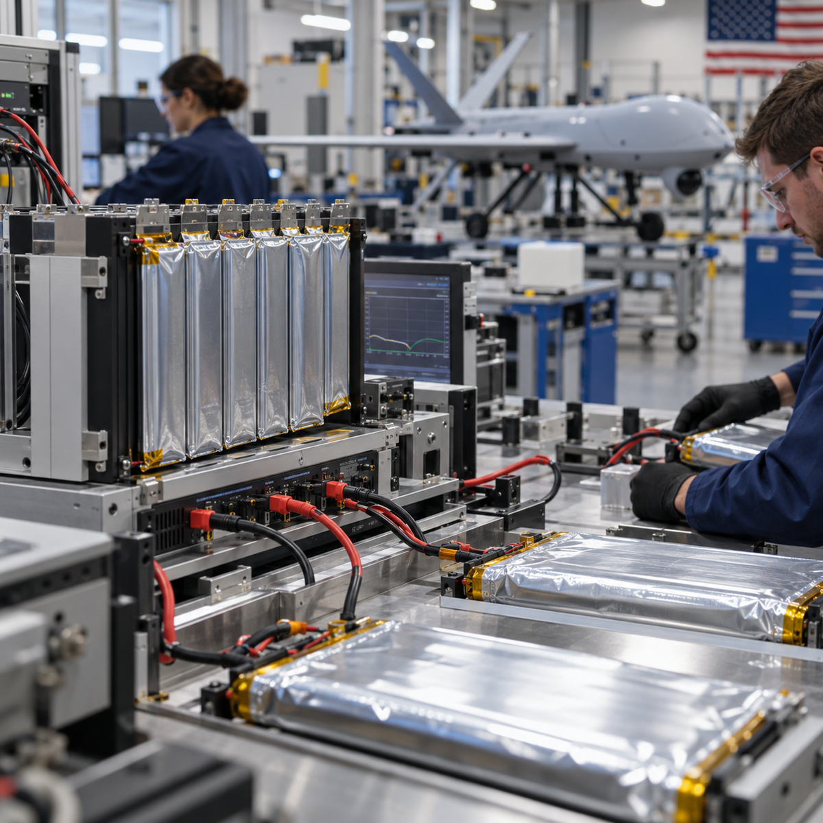 High-energy drone battery cells and pouch packs being tested in a US production facility