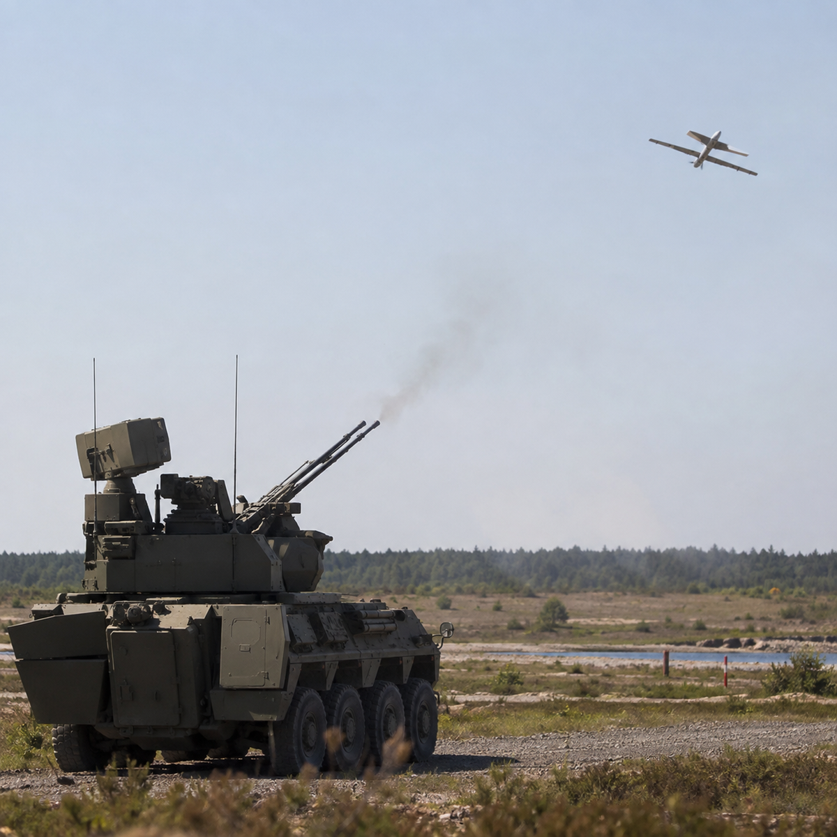 Vehicle-mounted air defence cannon tracking small unmanned aircraft during a live-fire test