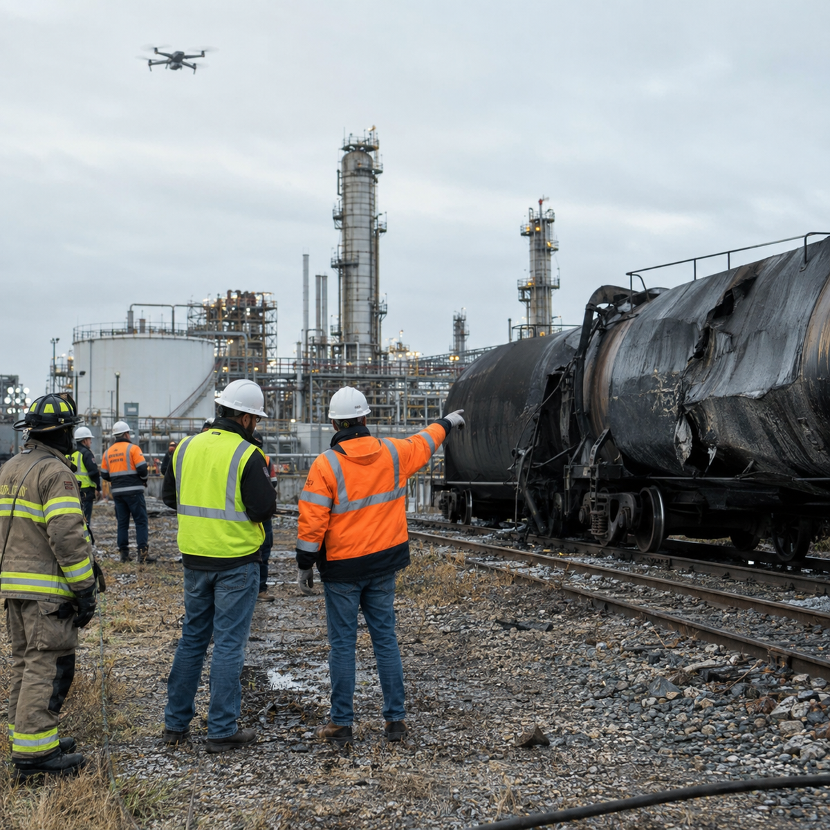 Emergency crews inspecting infrastructure damage after a reported overnight drone strike