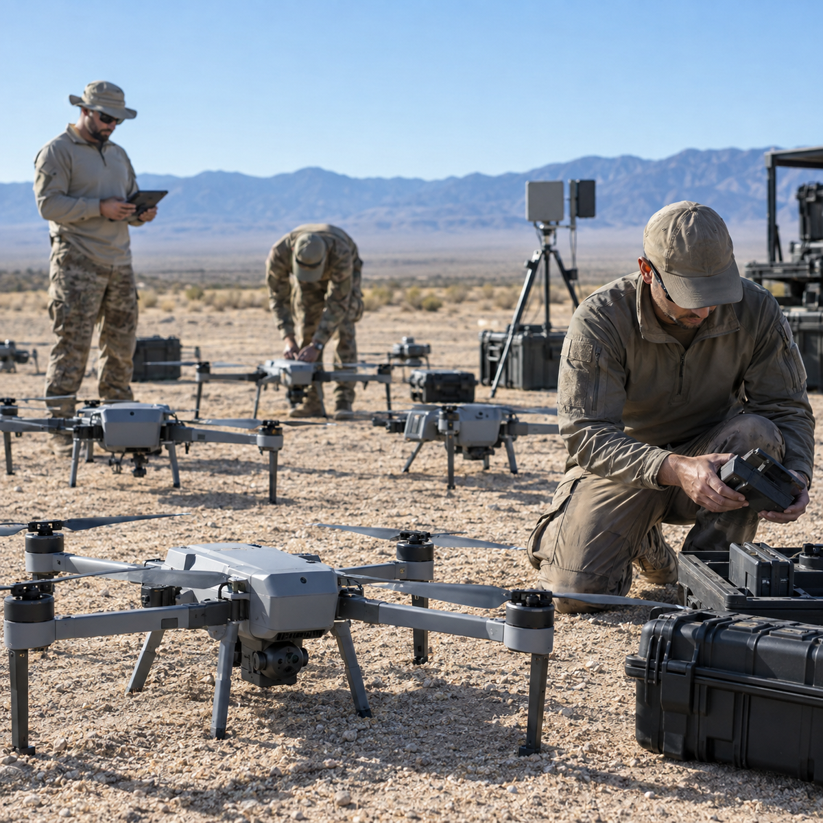 Small autonomous military drones arranged for a flight evaluation on a defense test range