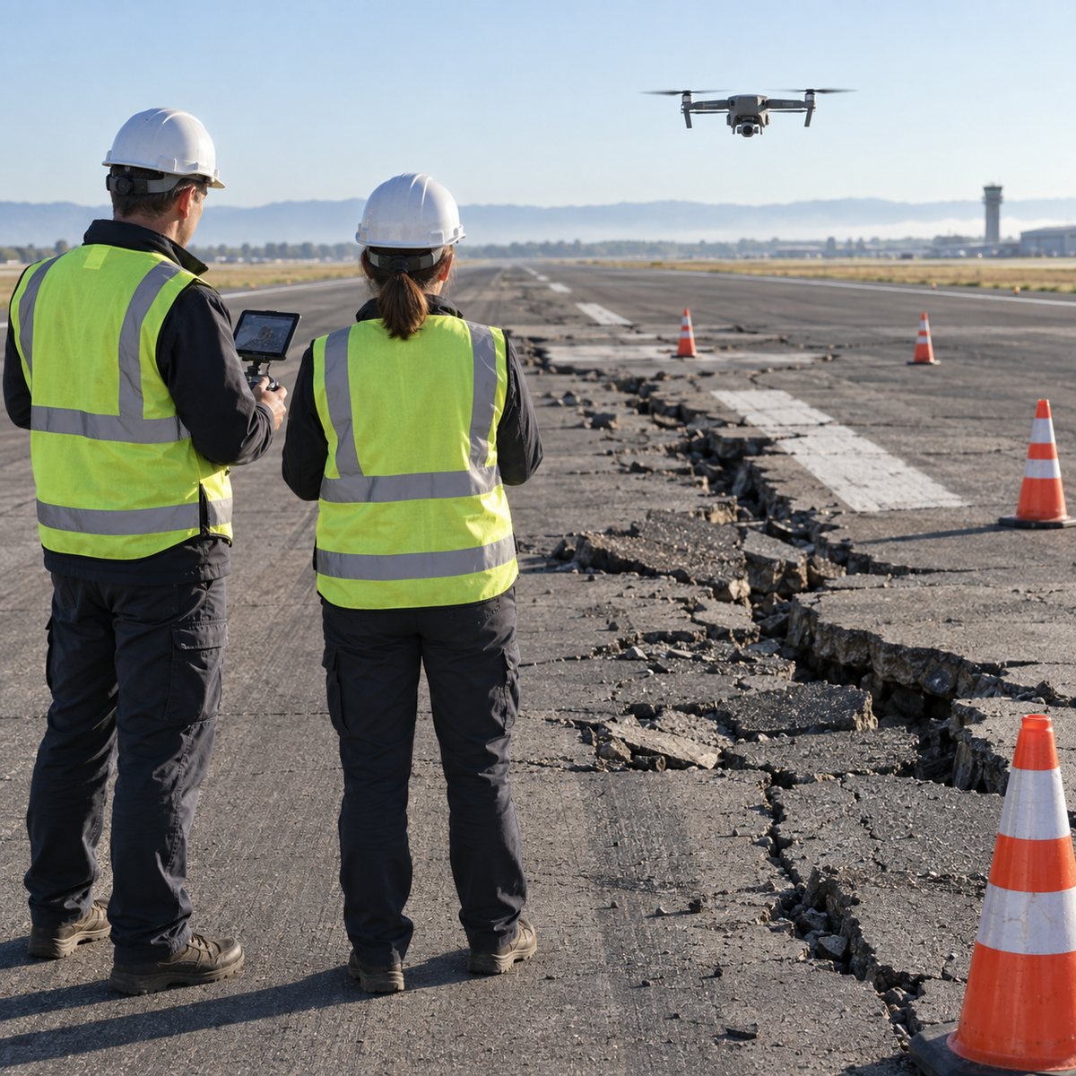 Airfield engineers using a small inspection drone to survey runway damage before entering a hazardous area