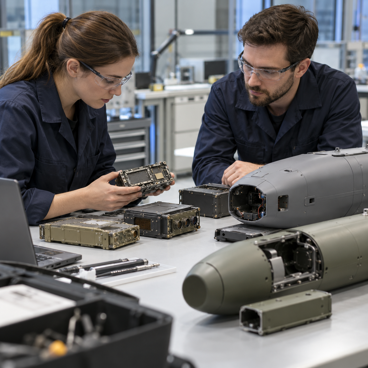 Engineers examining inert electronic safety modules for drone payload testing
