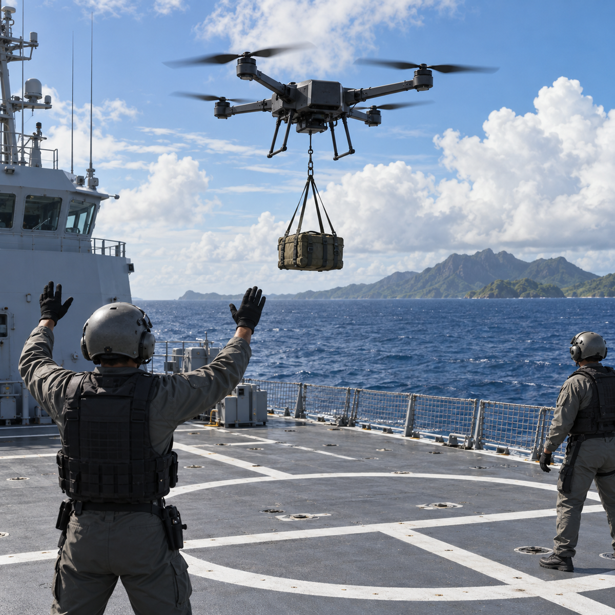 A heavy-lift drone operating from the flight deck of a patrol ship during a maritime logistics test