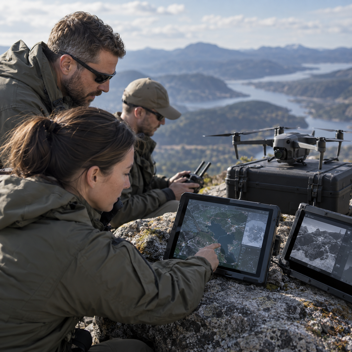 Drone autonomy team reviewing georeferenced imagery during a GPS-denied navigation demonstration