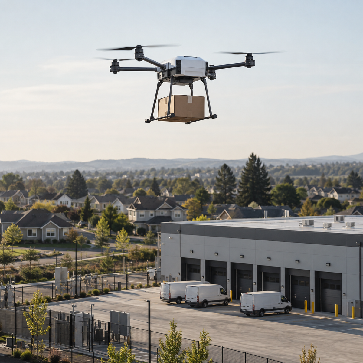 Commercial delivery drone carrying a small parcel above a suburban distribution hub