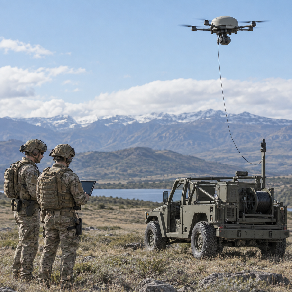 A tethered observation drone hovering above a light military vehicle during a field evaluation